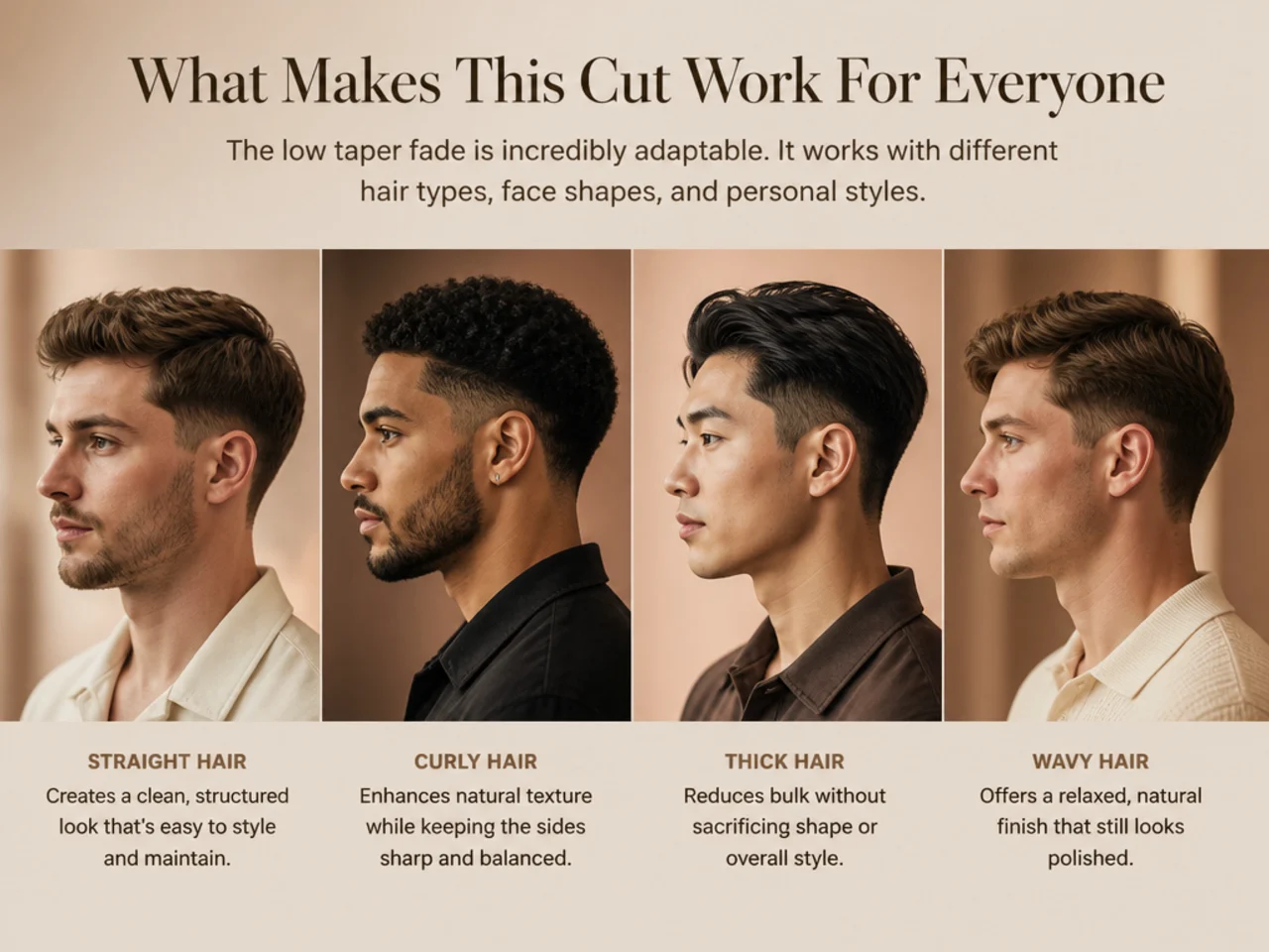 Barbershop close-up of a fresh low cut taper fade on wavy hair