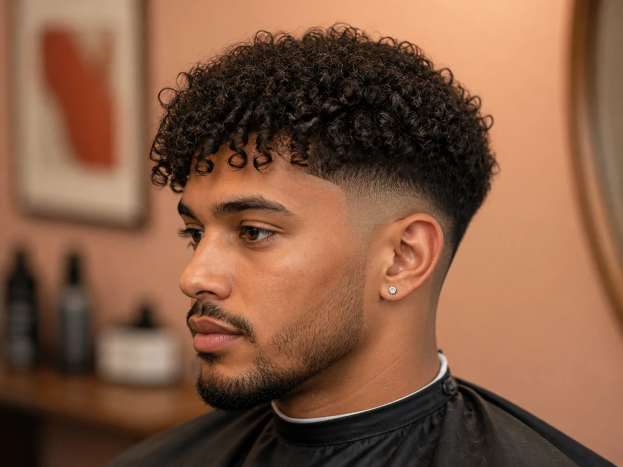 Three inch afro with front pieces left long as a curly fringe past the brow and a low drop fade