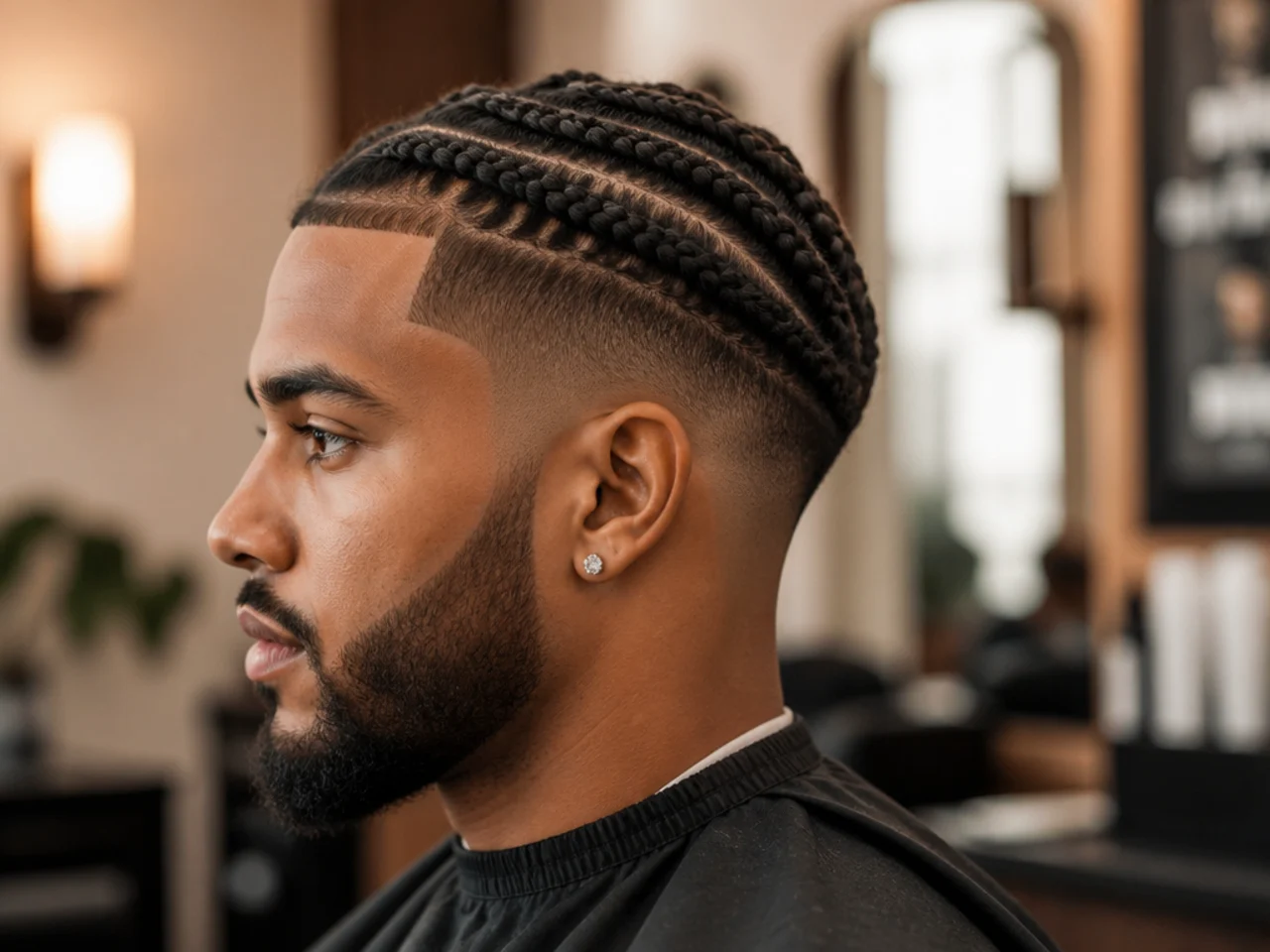 Medium box braids across the top with a clean low drop fade at the sides