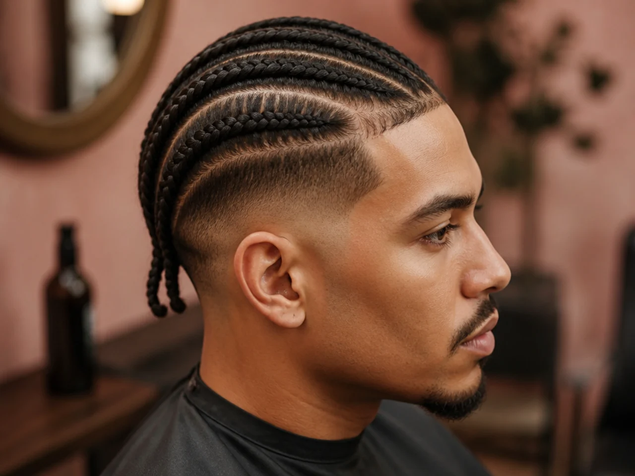 Straight-back cornrows on 4B hair with a low drop fade at the sides and defined arc behind the ear
