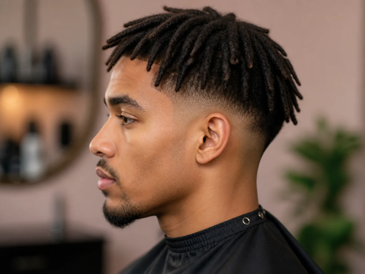 Starter locs on top with a low drop fade curving cleanly around the perimeter