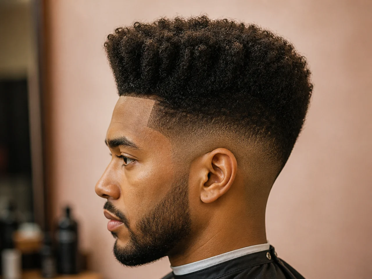 Modernized high-top silhouette on 4B hair with a low drop fade for softer sides