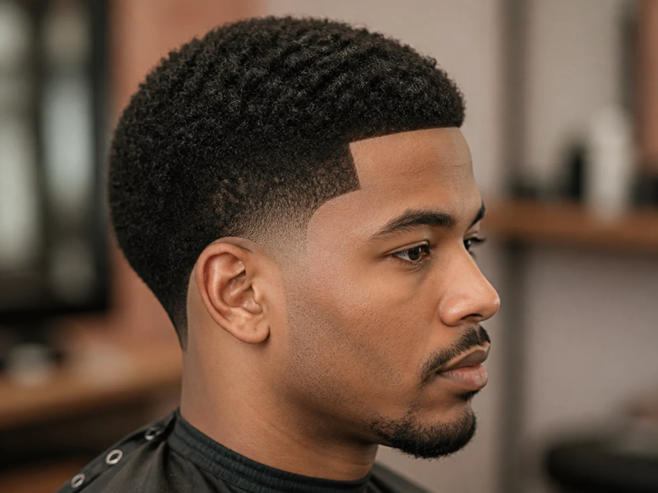 Low drop fade with a razored line-up at the forehead and temples framing a two-inch 4C coily top