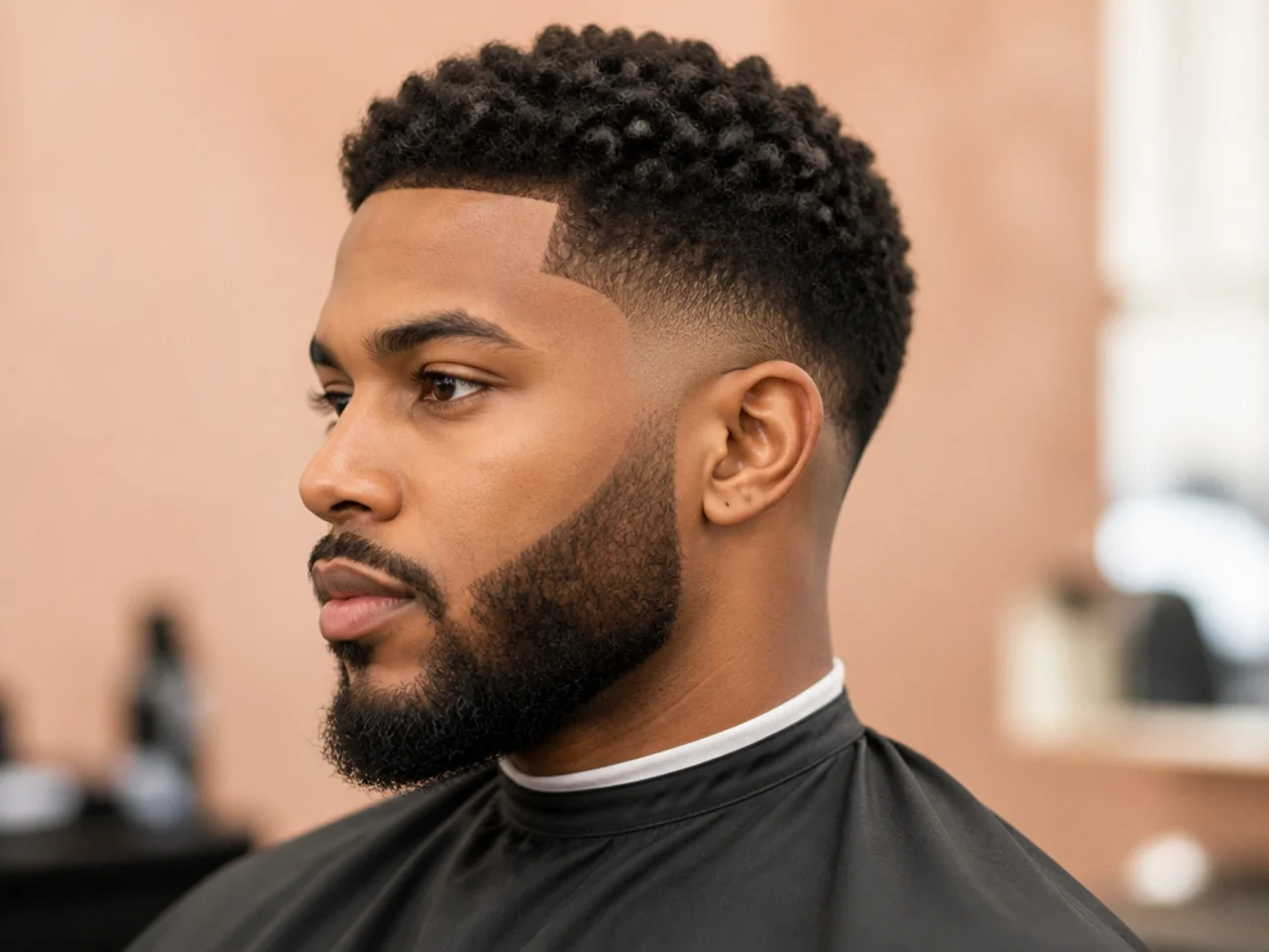Low drop fade blended straight down into a full beard with no hard sideburn line on a Black man