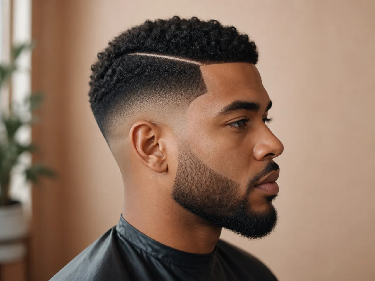 Razored hard part carved through a low drop fade with a two-inch coily top on 4A hair