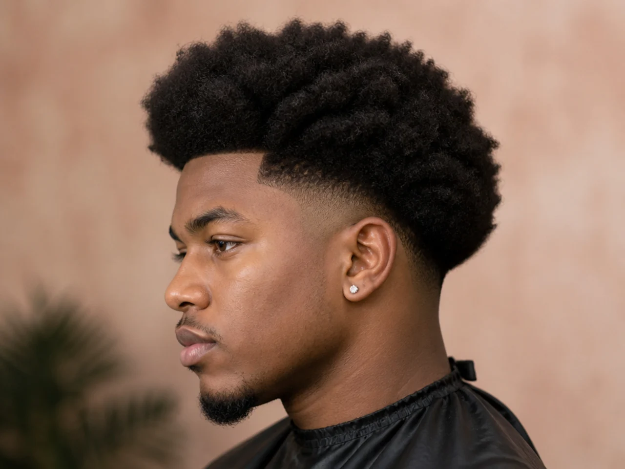 Blowout afro at four inches on 4A hair with a low drop fade for softer sides
