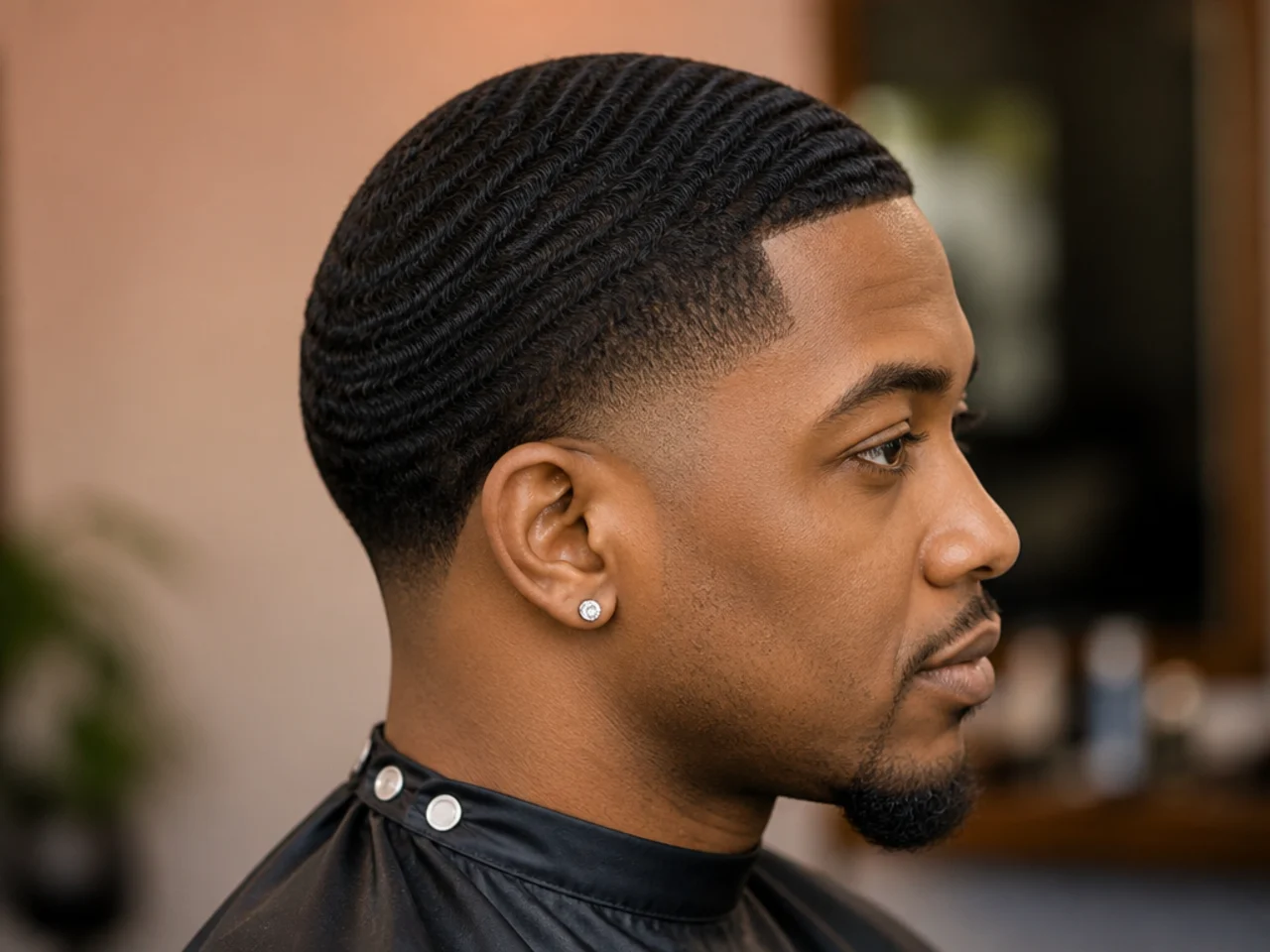 Low drop fade over a brushed 360 wave pattern on coarse 4B hair with a durag mark visible