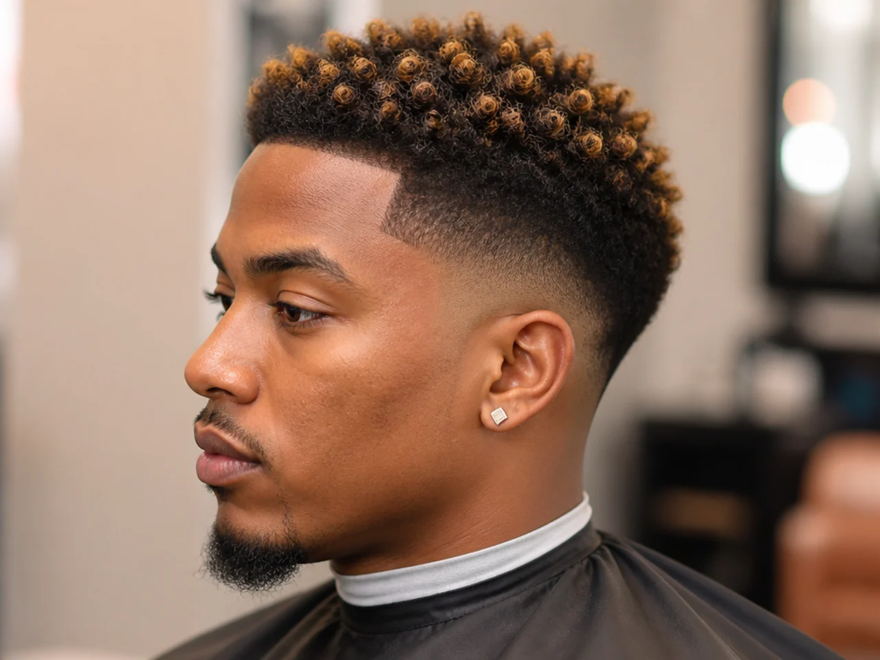 Three inch afro with bleached blonde tips over dark roots and a clean low drop fade