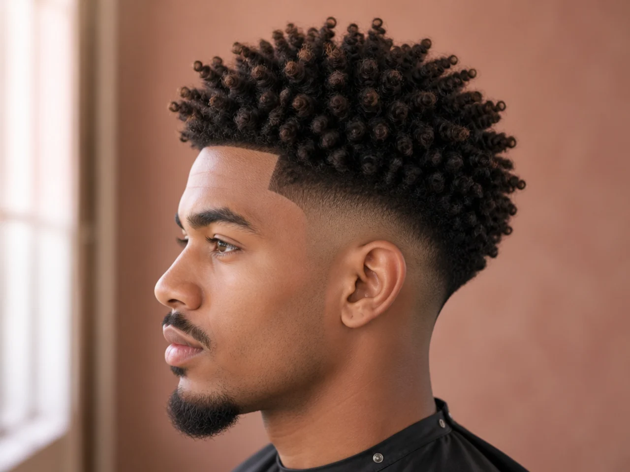 Defined twist-out coils on a three-inch 4B top with a soft low drop fade at the sides