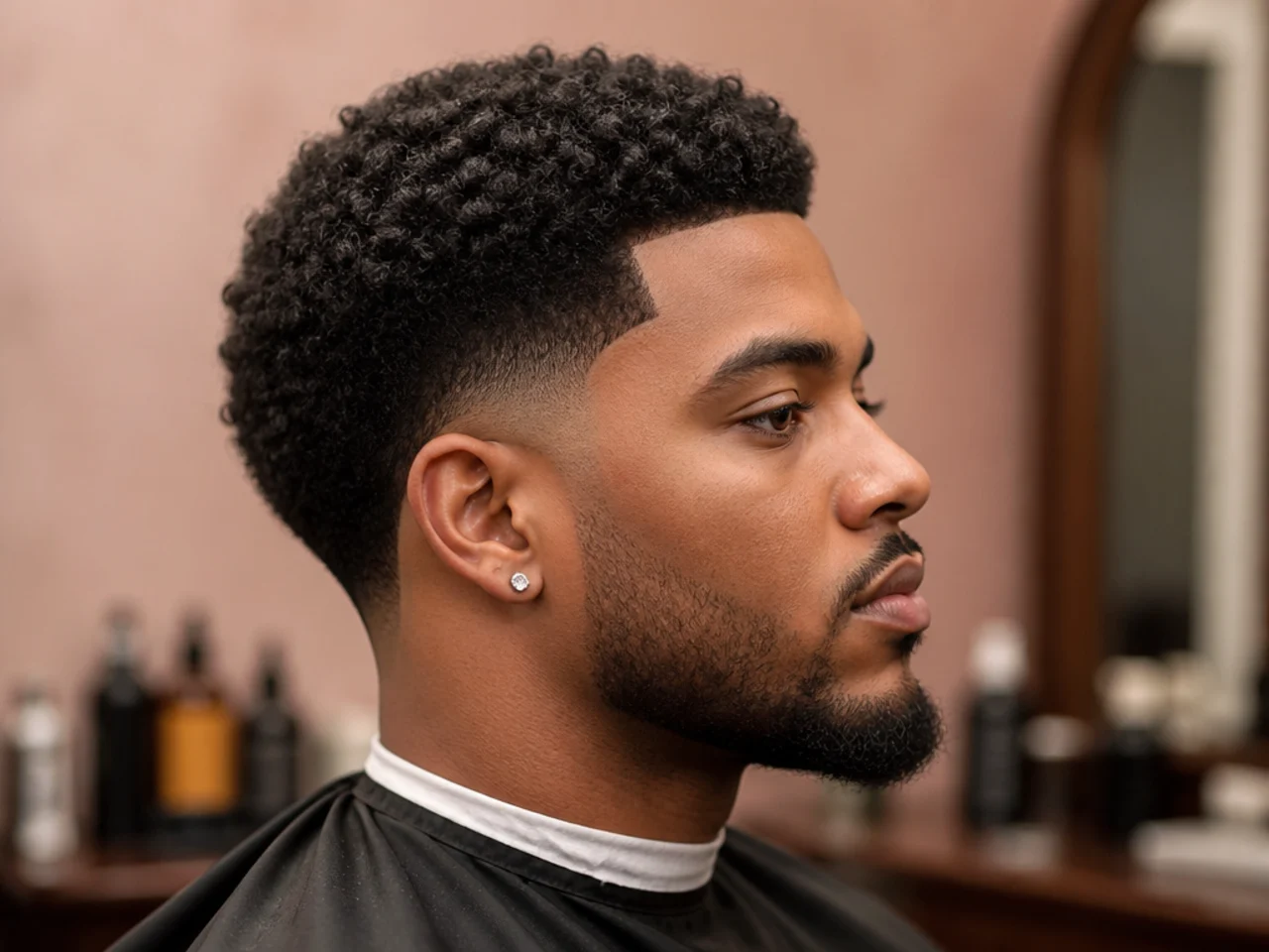 Rounded one-and-a-half inch mini afro on 4B hair with a clean low drop fade