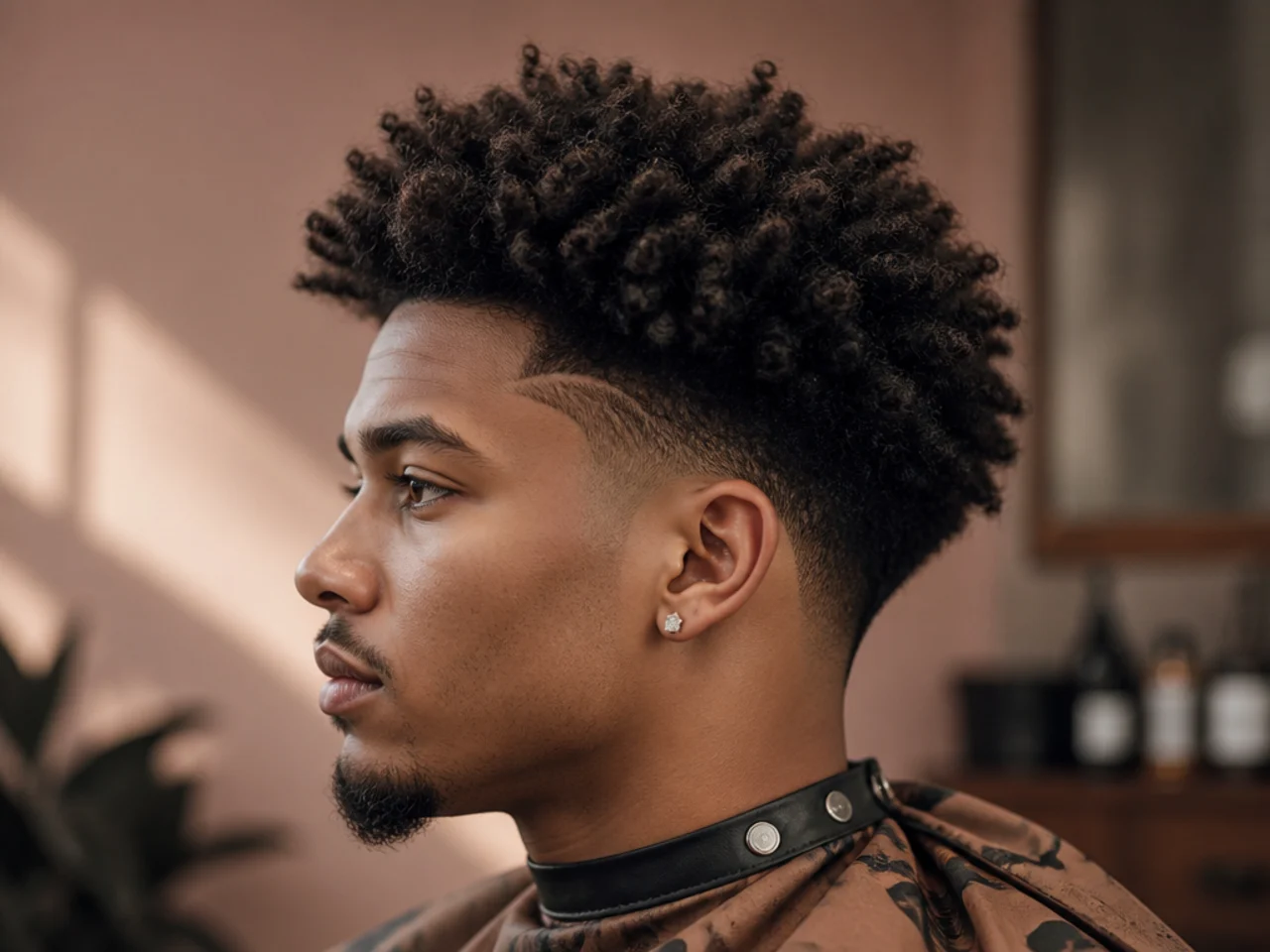 Undirected natural freeform afro on 4A hair with a soft low drop fade at the sides