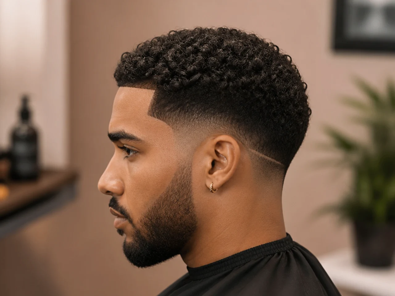 Curly textured crop with a soft forward fringe on 3C-4A hair and a low drop fade