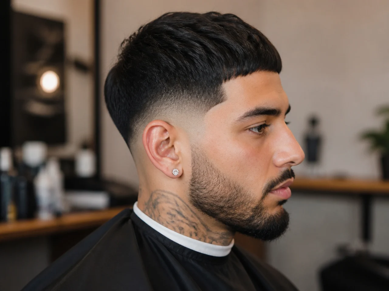 Blunt straight-across Edgar fringe on 4A coily hair with a low drop fade underneath