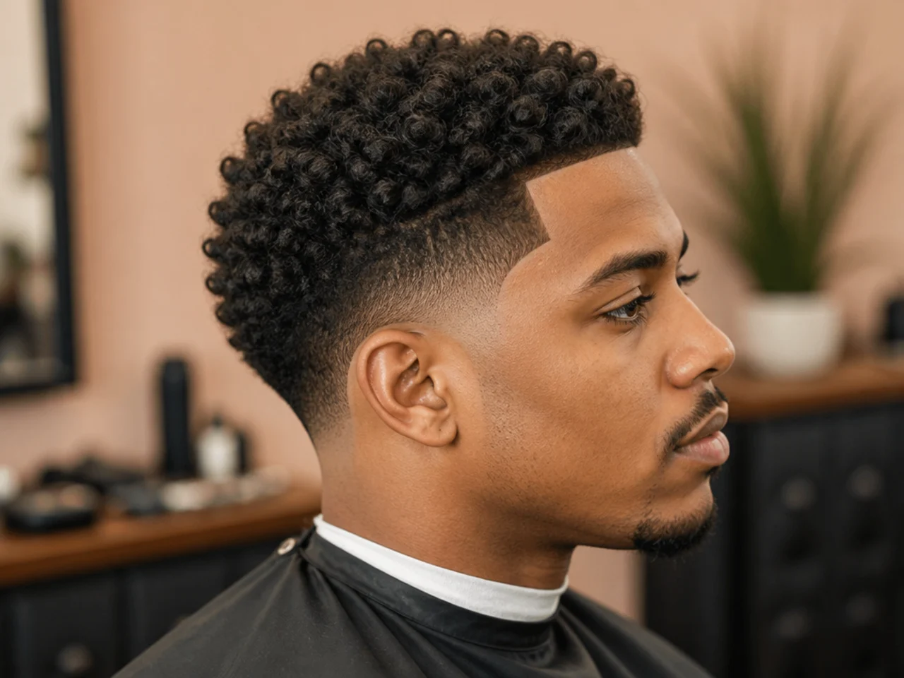 Black man showing a reference photo of a low drop fade to a barber before the cut