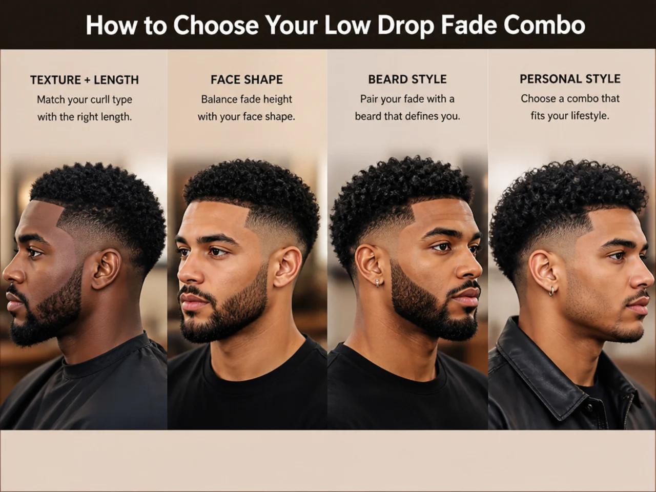 Three Black men side by side with different low drop fade combinations across 4A, 4B, and 4C textures