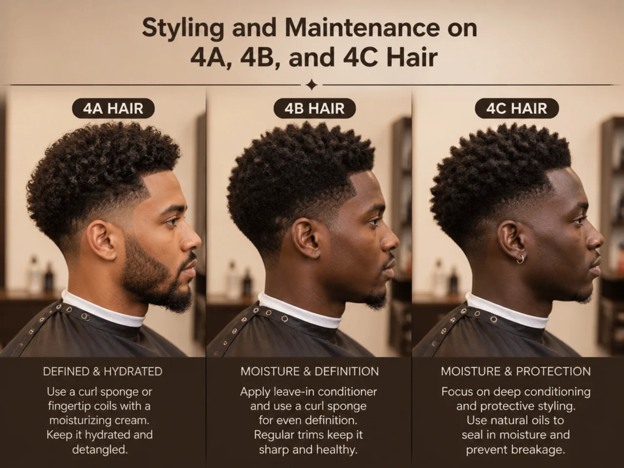 Styling essentials for a low drop fade on Black hair — leave-in, curl cream, afro pick, sponge, boar-bristle brush, durag, satin bonnet