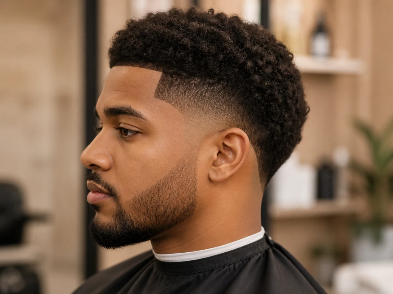 Side profile of a low drop fade curving behind the ear on 4A coily hair