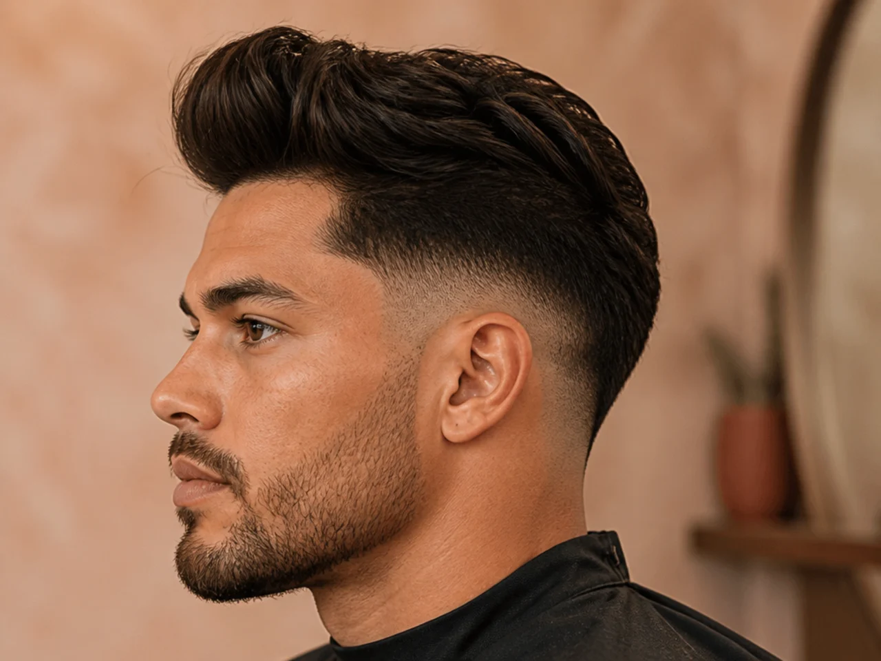 Low drop fade with a soft angled quiff front on medium-thick hair