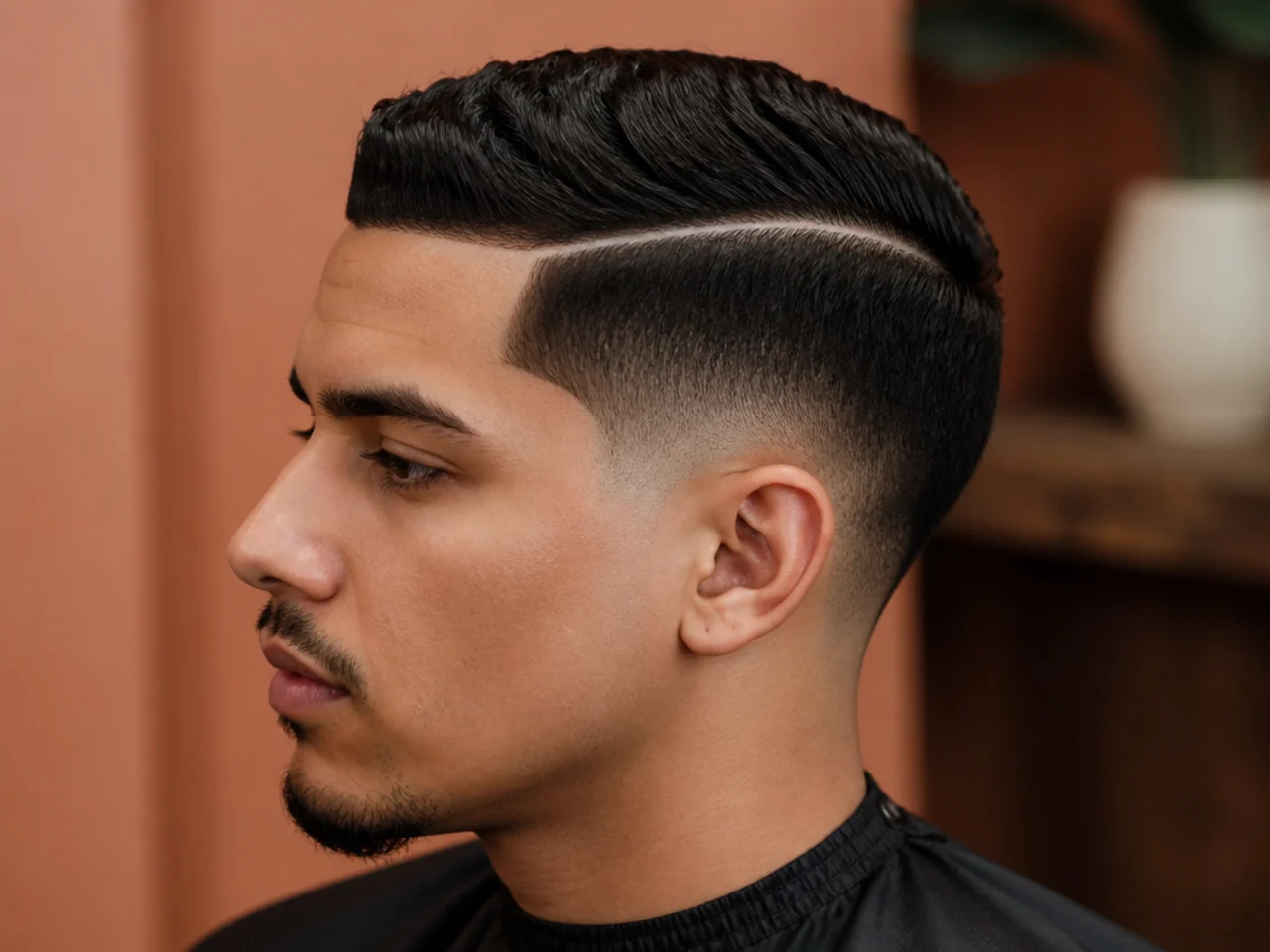 Low drop fade with a razored hard part carved through the side