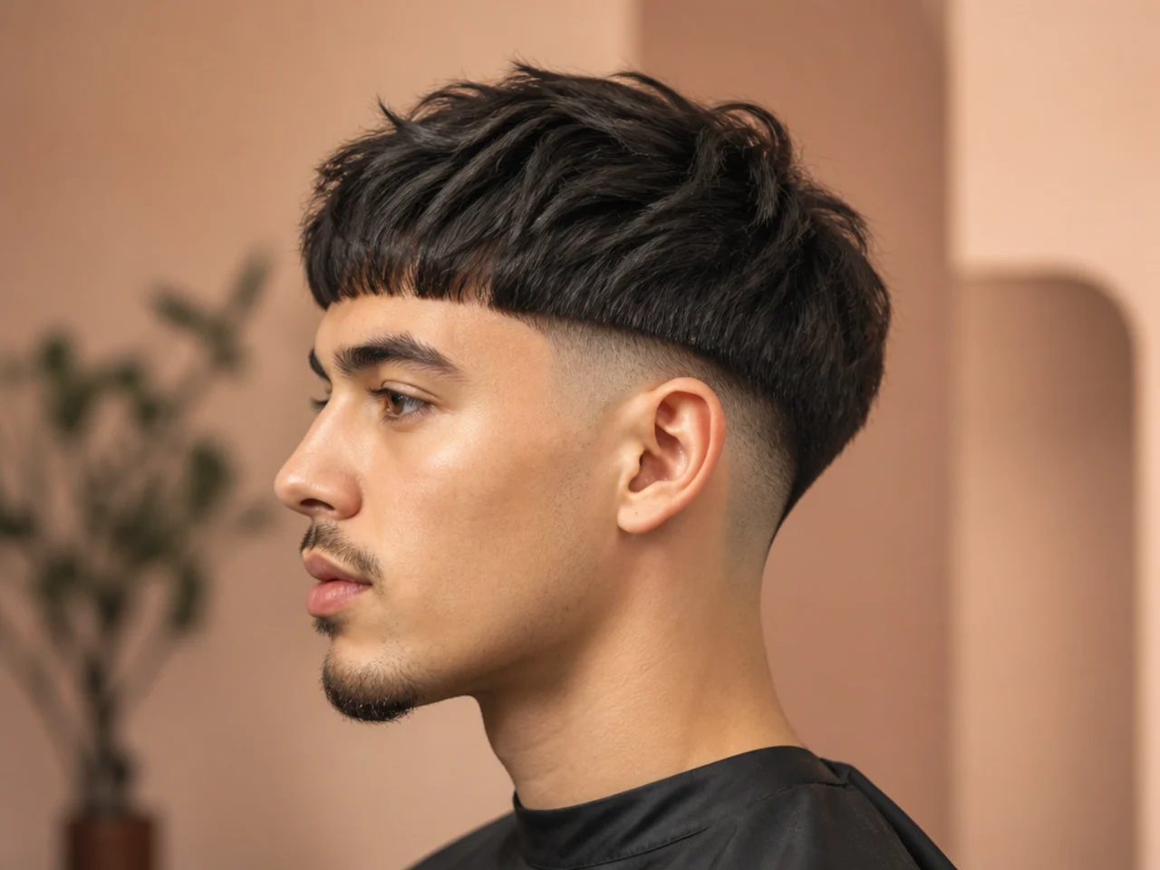 Low drop fade with a blunt straight-across Edgar fringe at the forehead