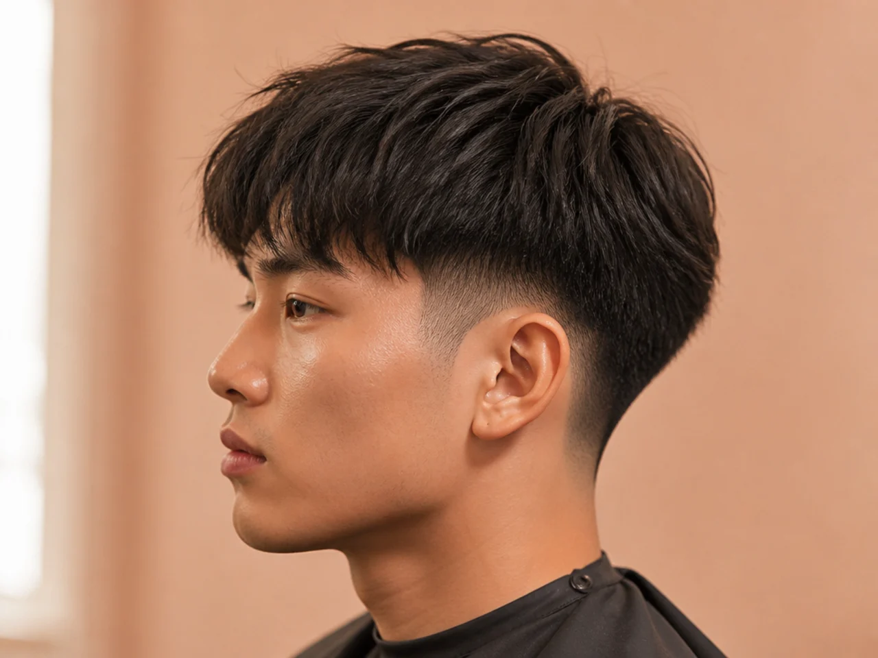 Low drop fade with a two-block undercut and longer top falling over the fade