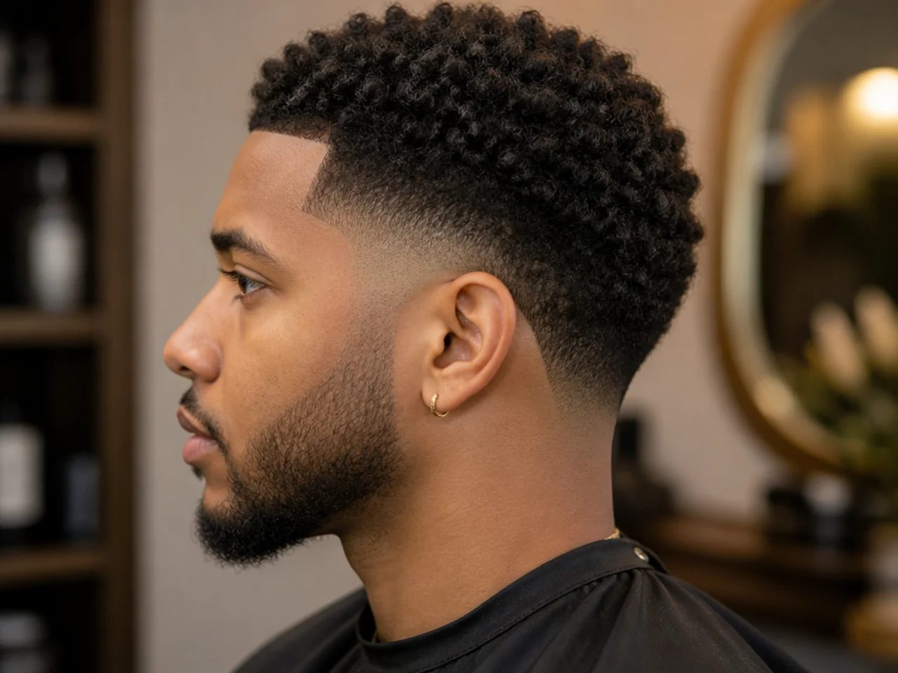 Low drop fade on 4a coily hair with a rounded picked-out crown
