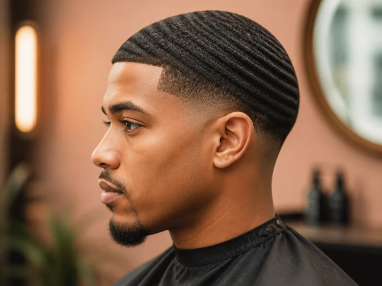 Low drop fade on brushed 360 wave pattern with dark coarse hair