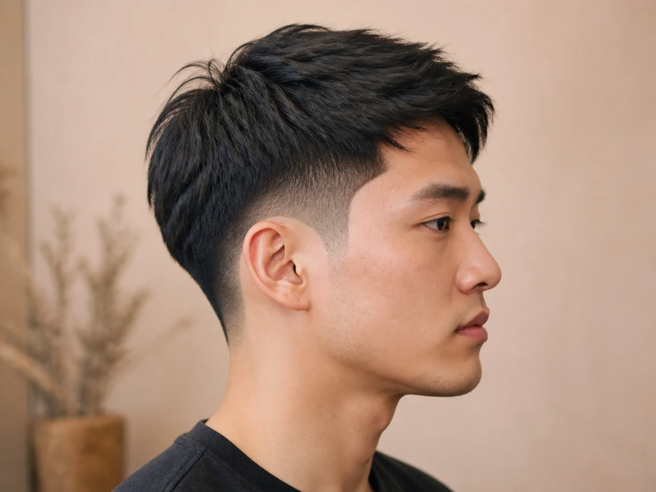 Low drop fade on coarse Asian straight black hair with textured top