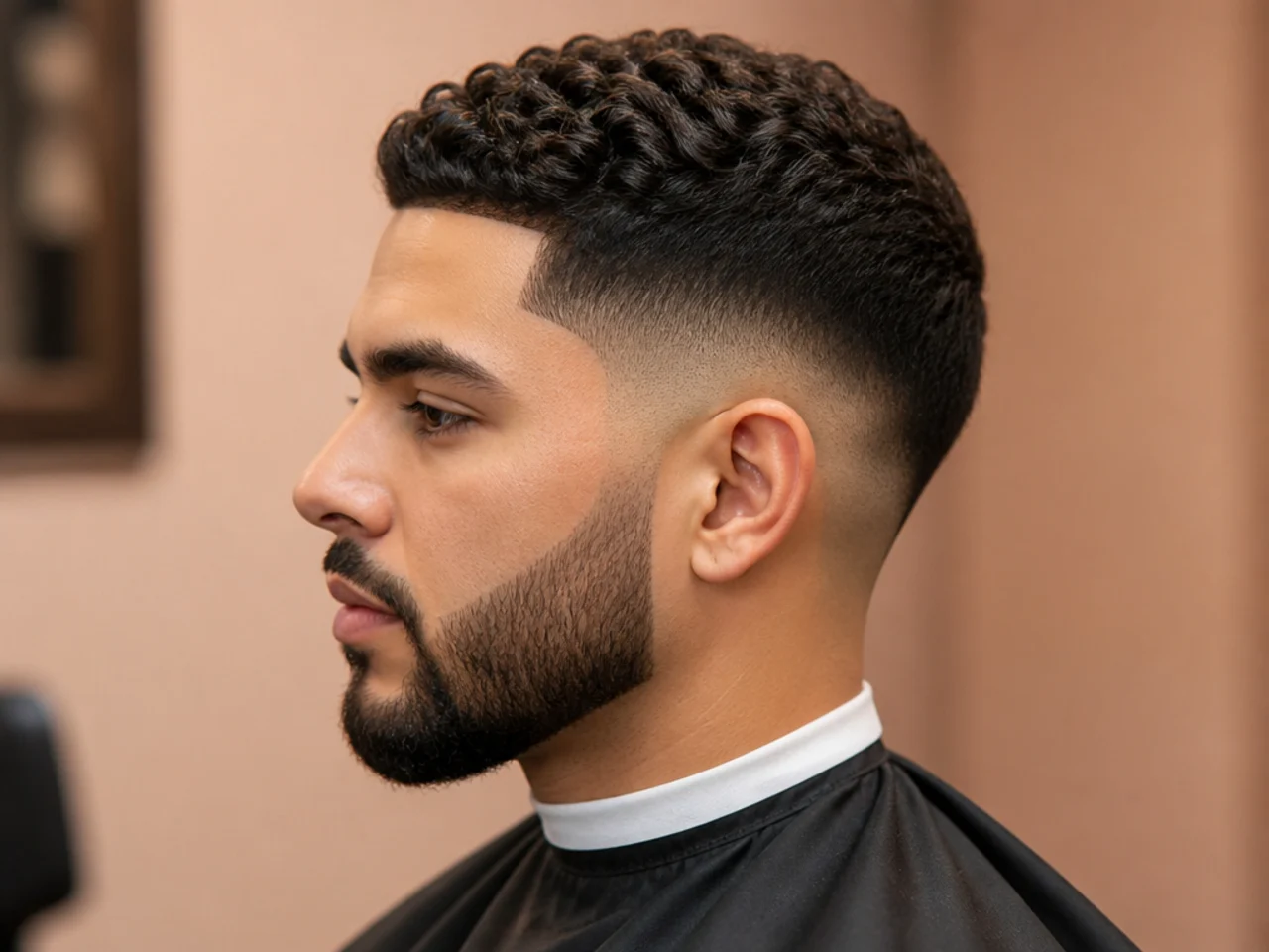 Low drop fade blended into a full beard with no hard sideburn line