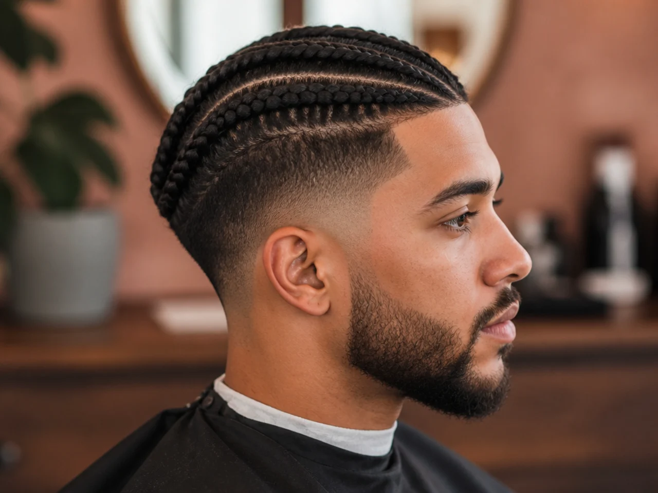 Low drop fade with small braids running back across the top