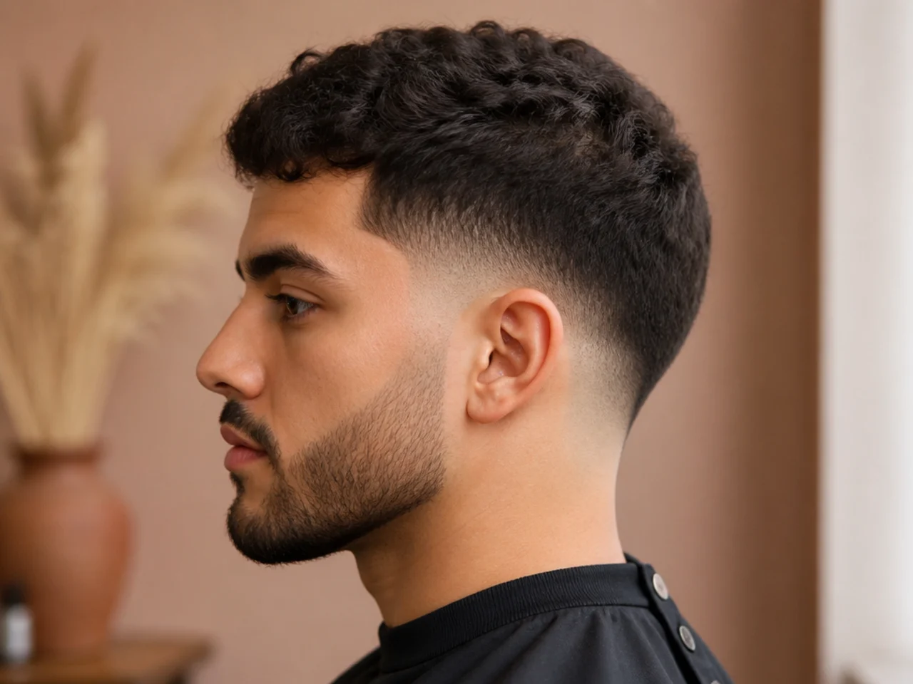 Low drop skin fade with the arc taken to bare skin behind the ear