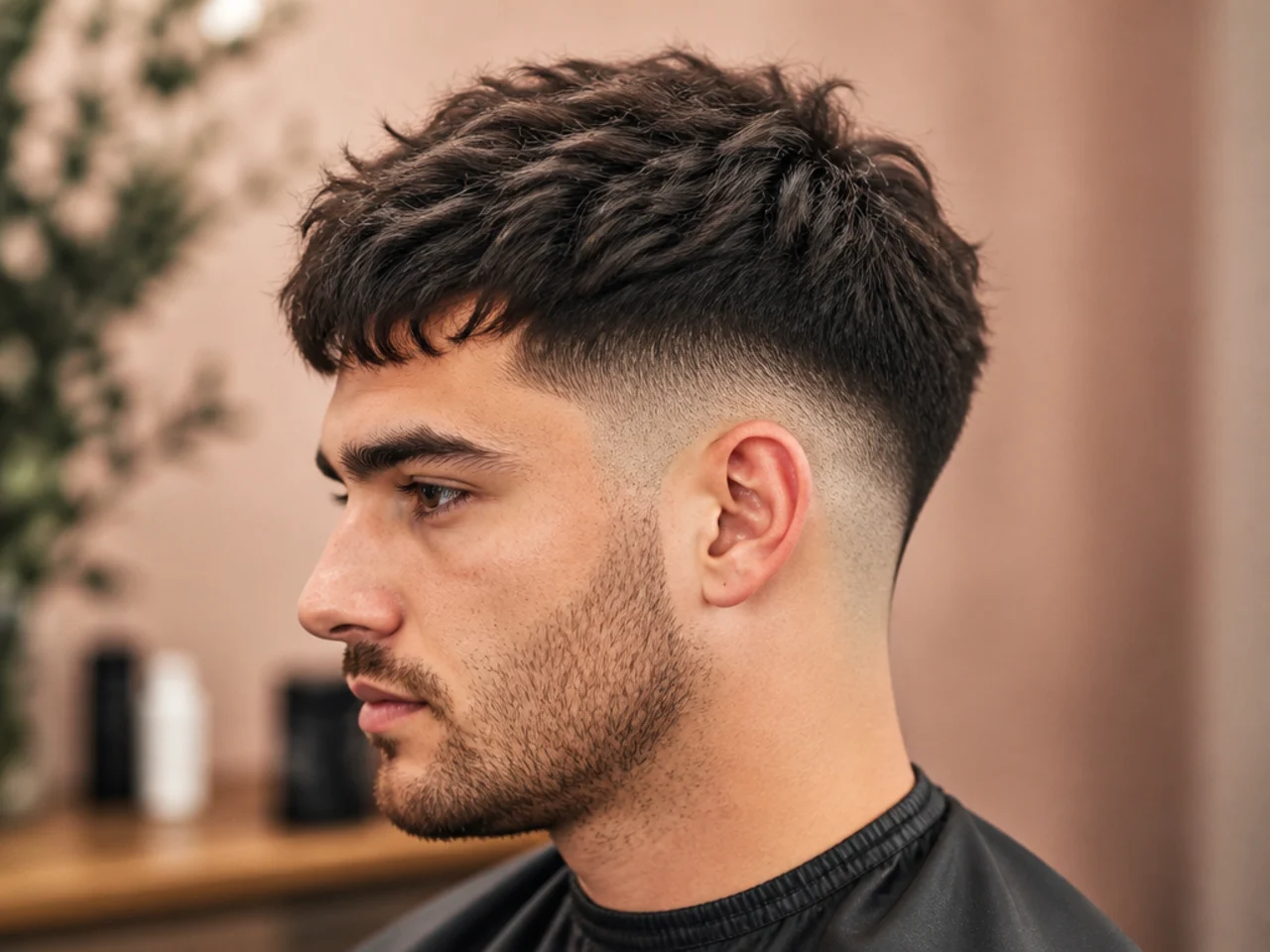 Low drop fade with a short textured crop and forward fringe on straight hair