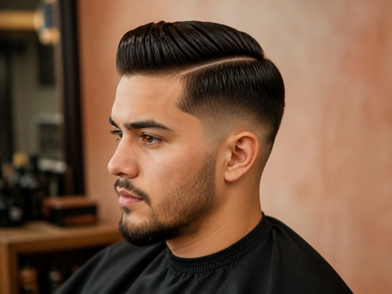 Low drop fade with a swept comb over on medium-thick straight hair