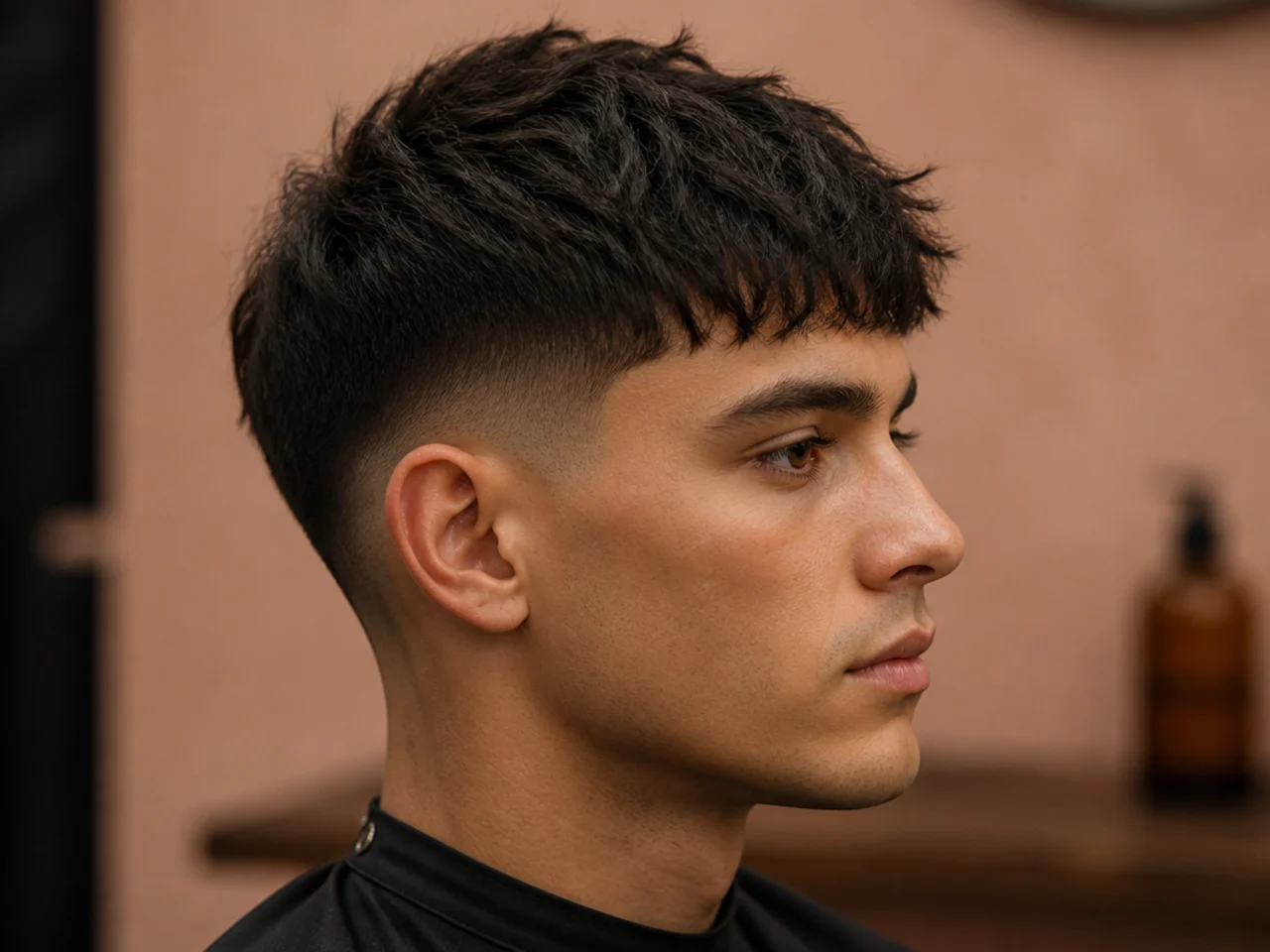 Low drop fade with a chopped textured fringe pushed forward across the brow