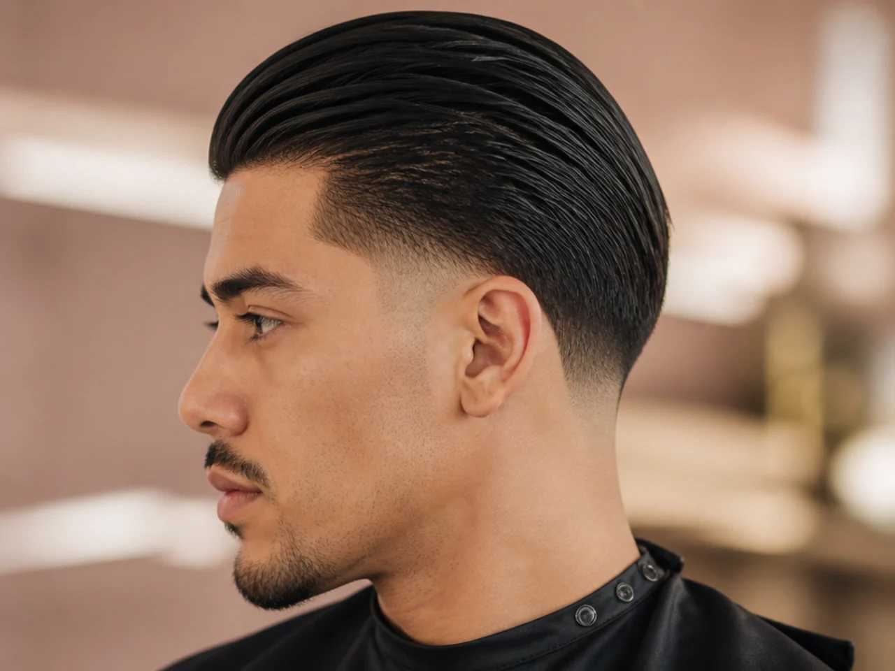 Low drop fade with the top slicked back over a rounded profile