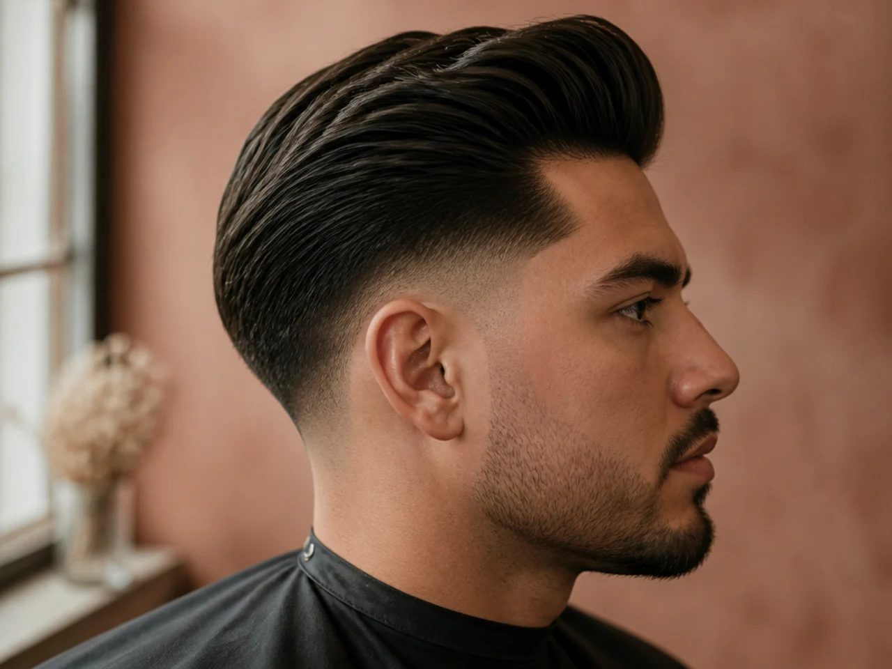 Low drop fade with a tall pompadour front lifted at the hairline