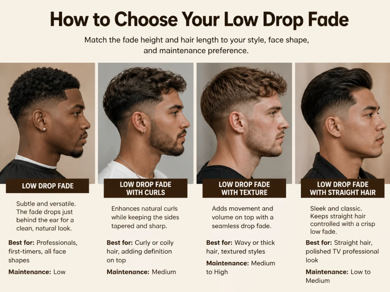 Barber consulting a client on drop depth and top length before a low drop fade