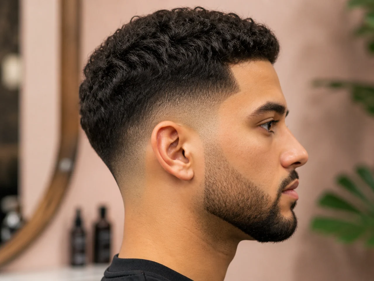 Man styling a low drop fade at home with matte clay and a boar-bristle brush