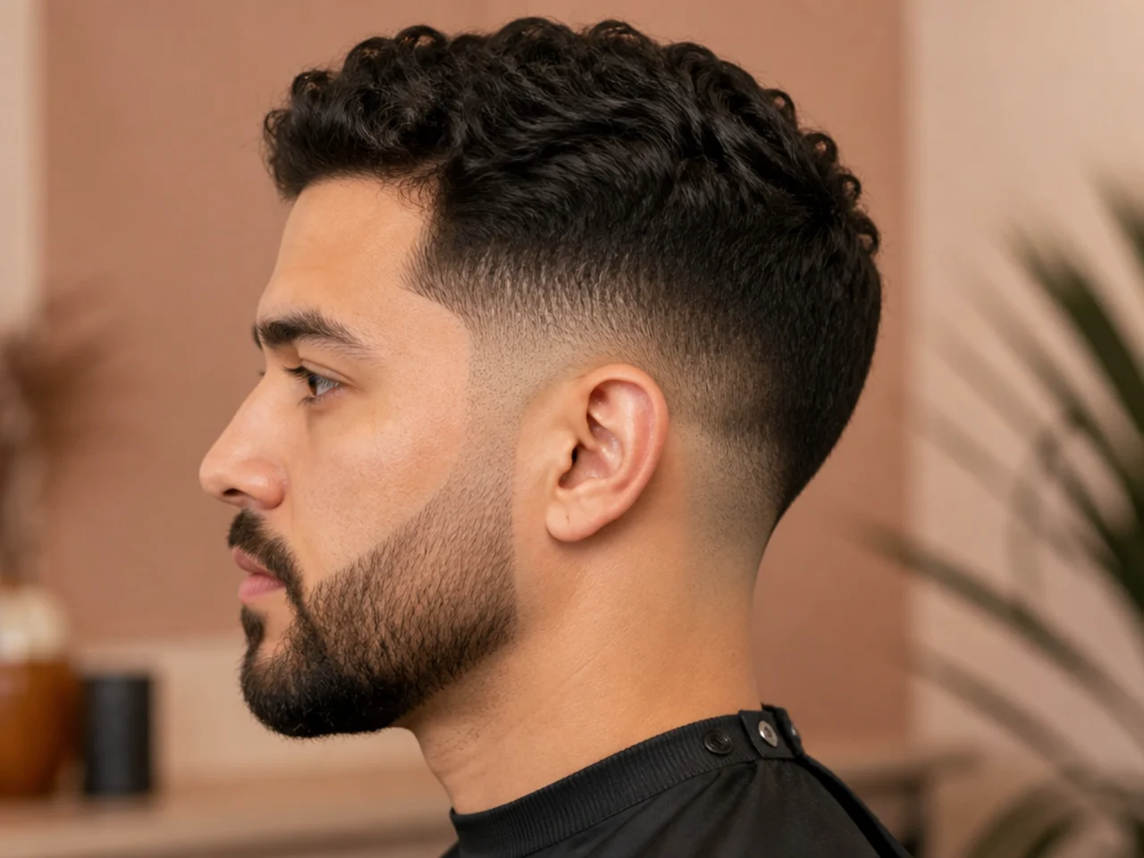 Side profile of a clean low drop fade curving behind the ear