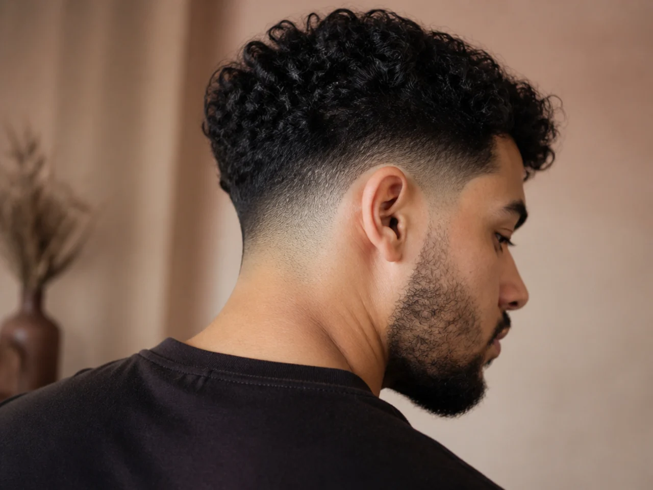 A low fade with a patchy beard
