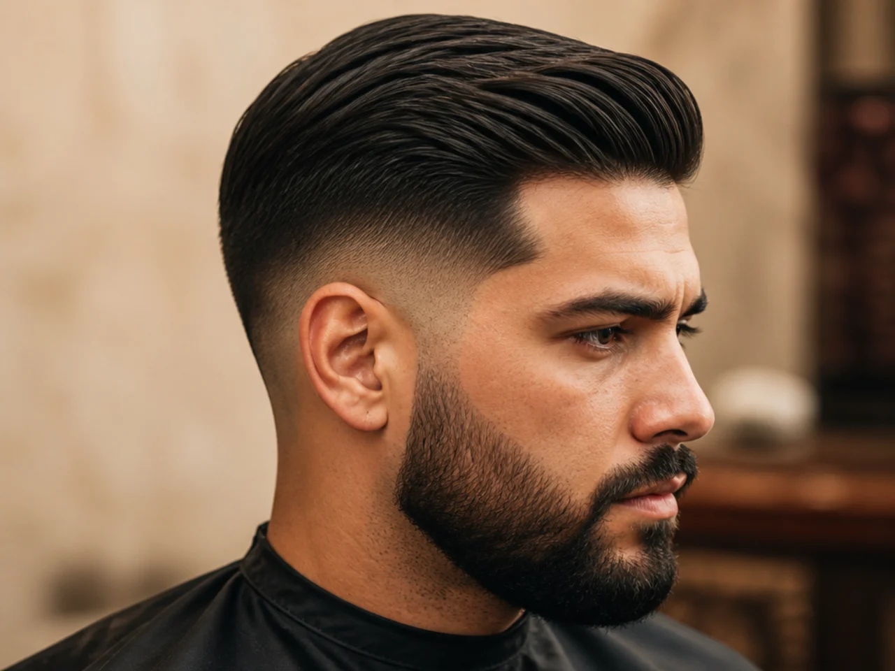 A low fade comb over with a beard