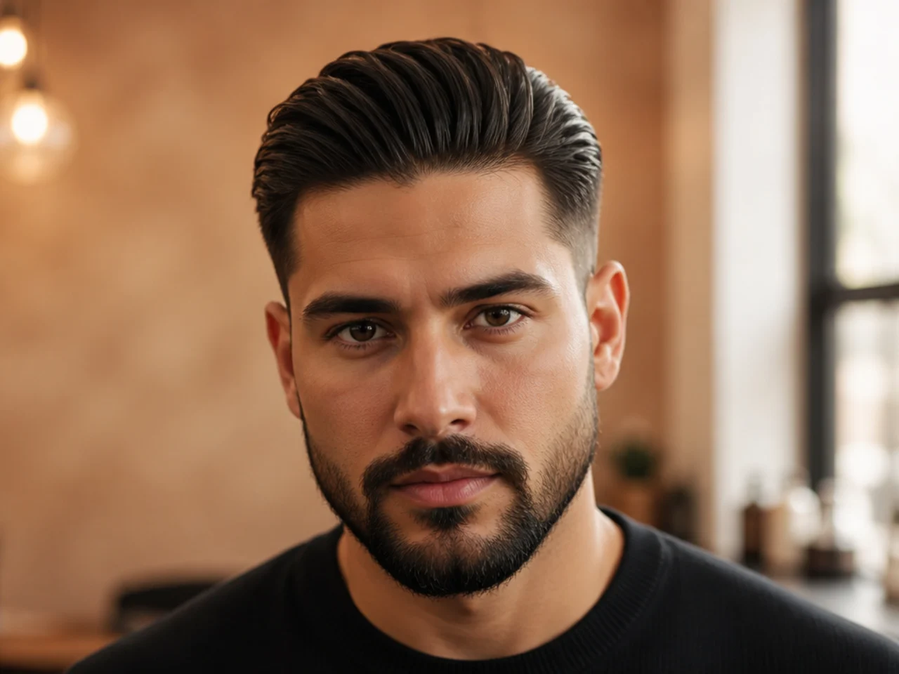 A low fade slick back with a beard