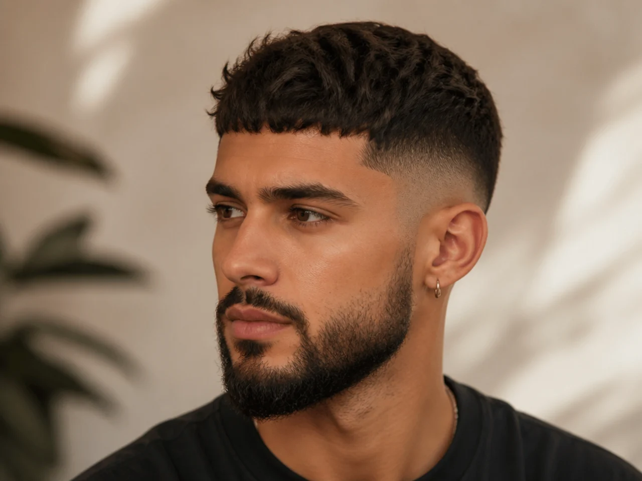 A low fade textured crop with a beard