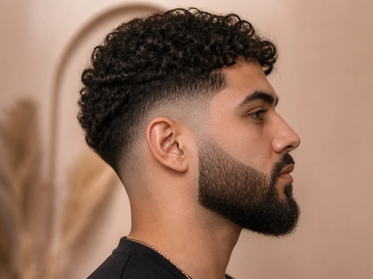 A low fade on curly hair with a beard