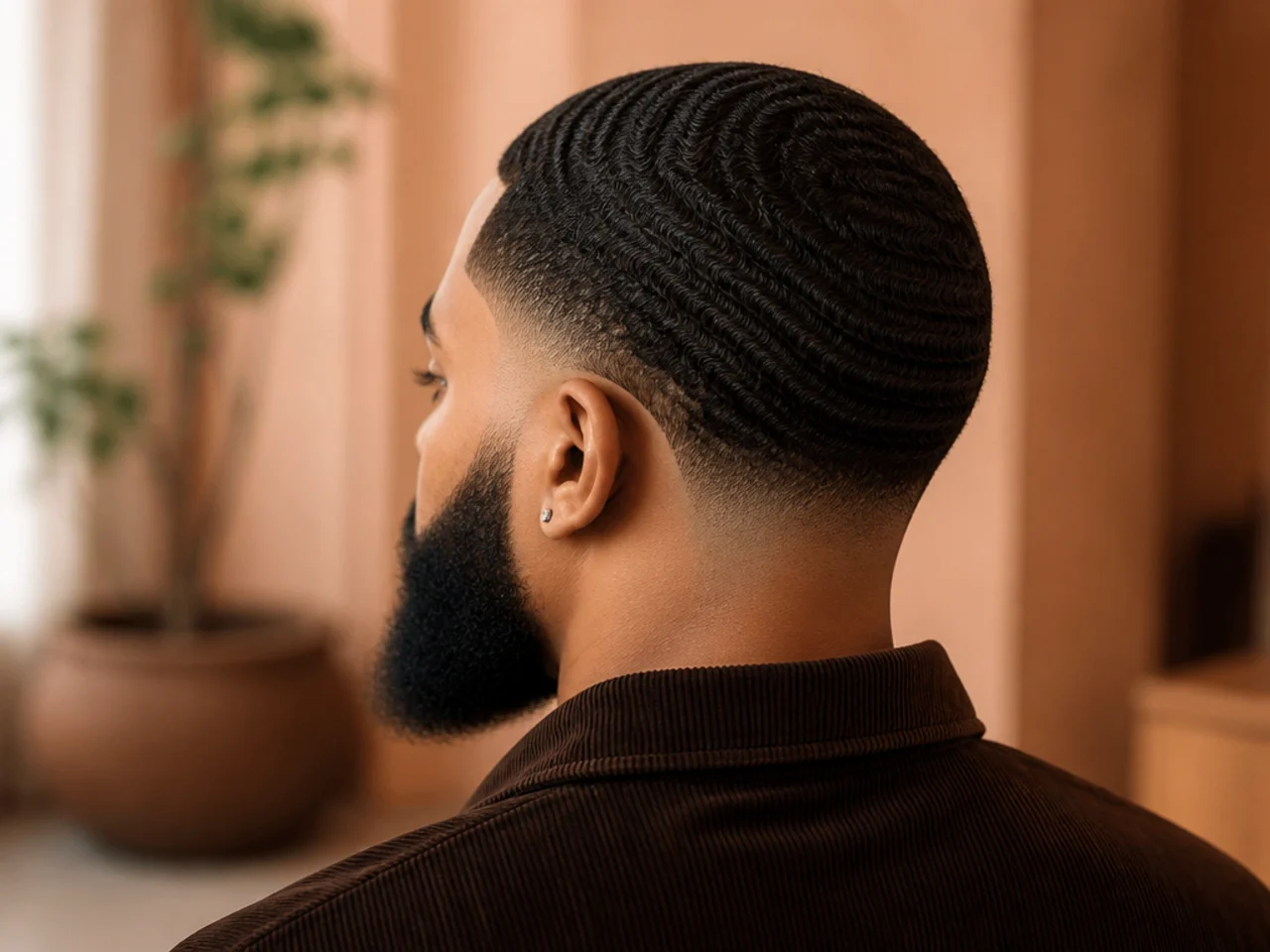 A low fade with 360 waves and a beard