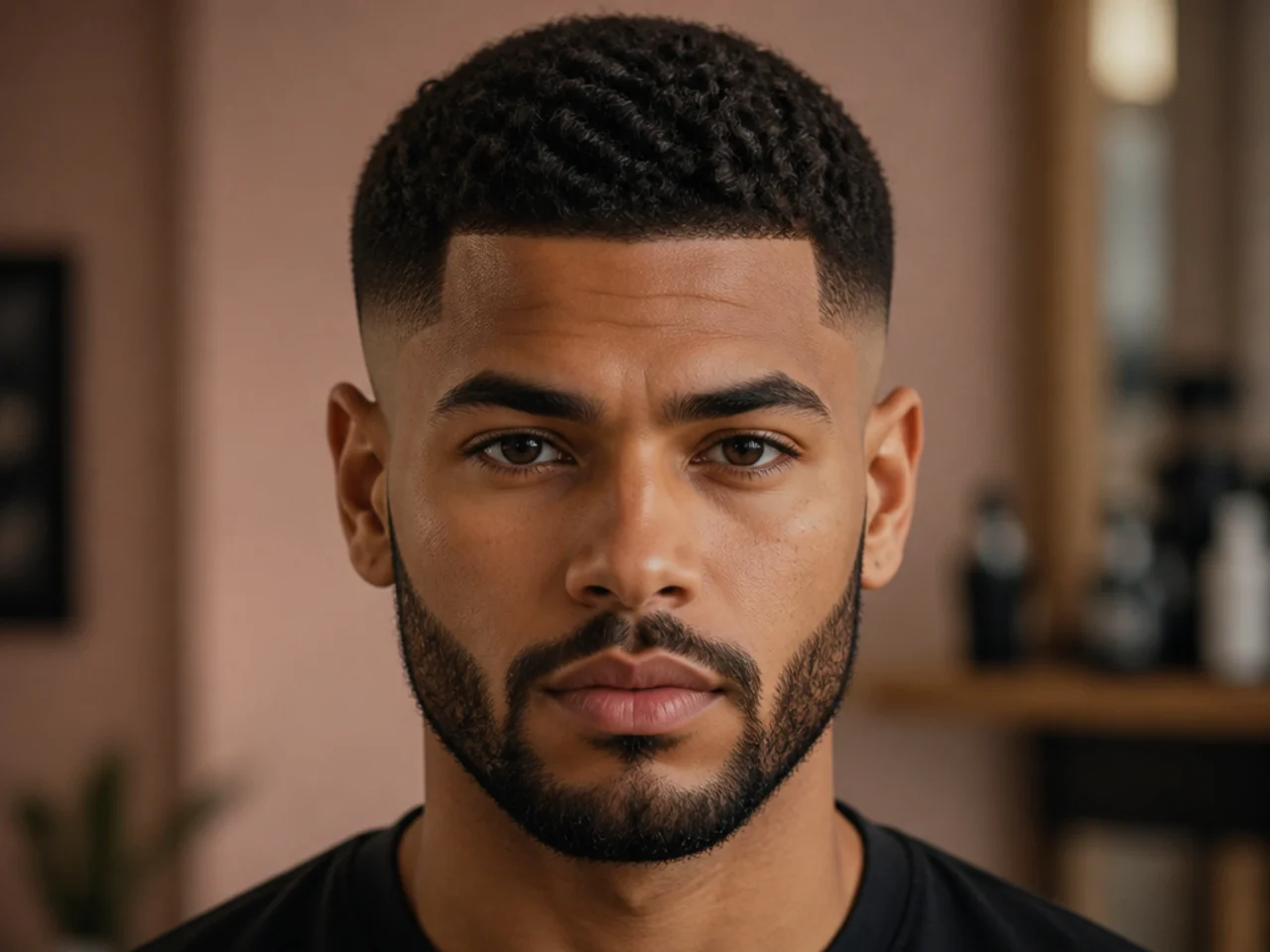 A low skin fade with a faded beard
