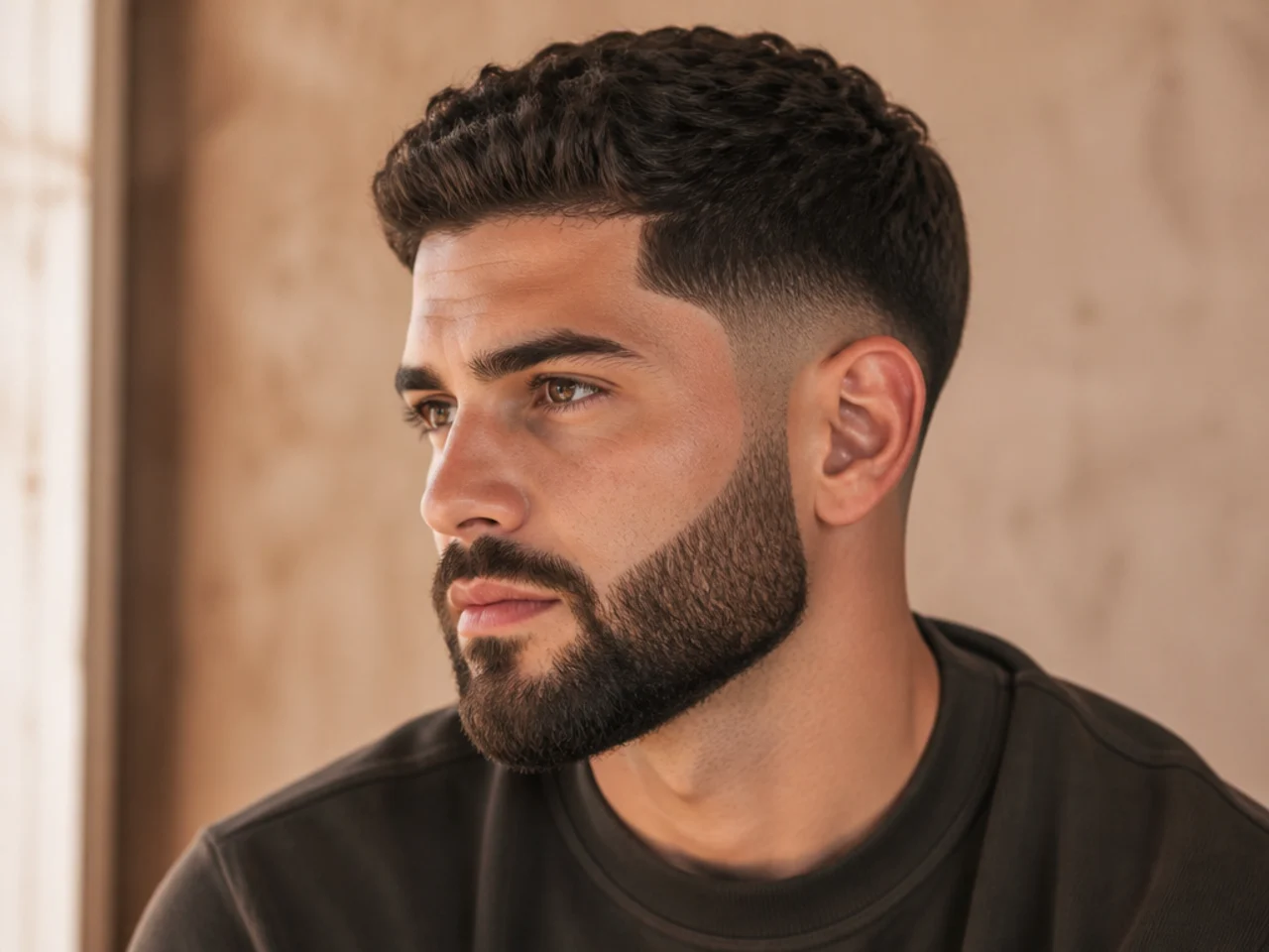 A low fade with a deliberate disconnect above the beard