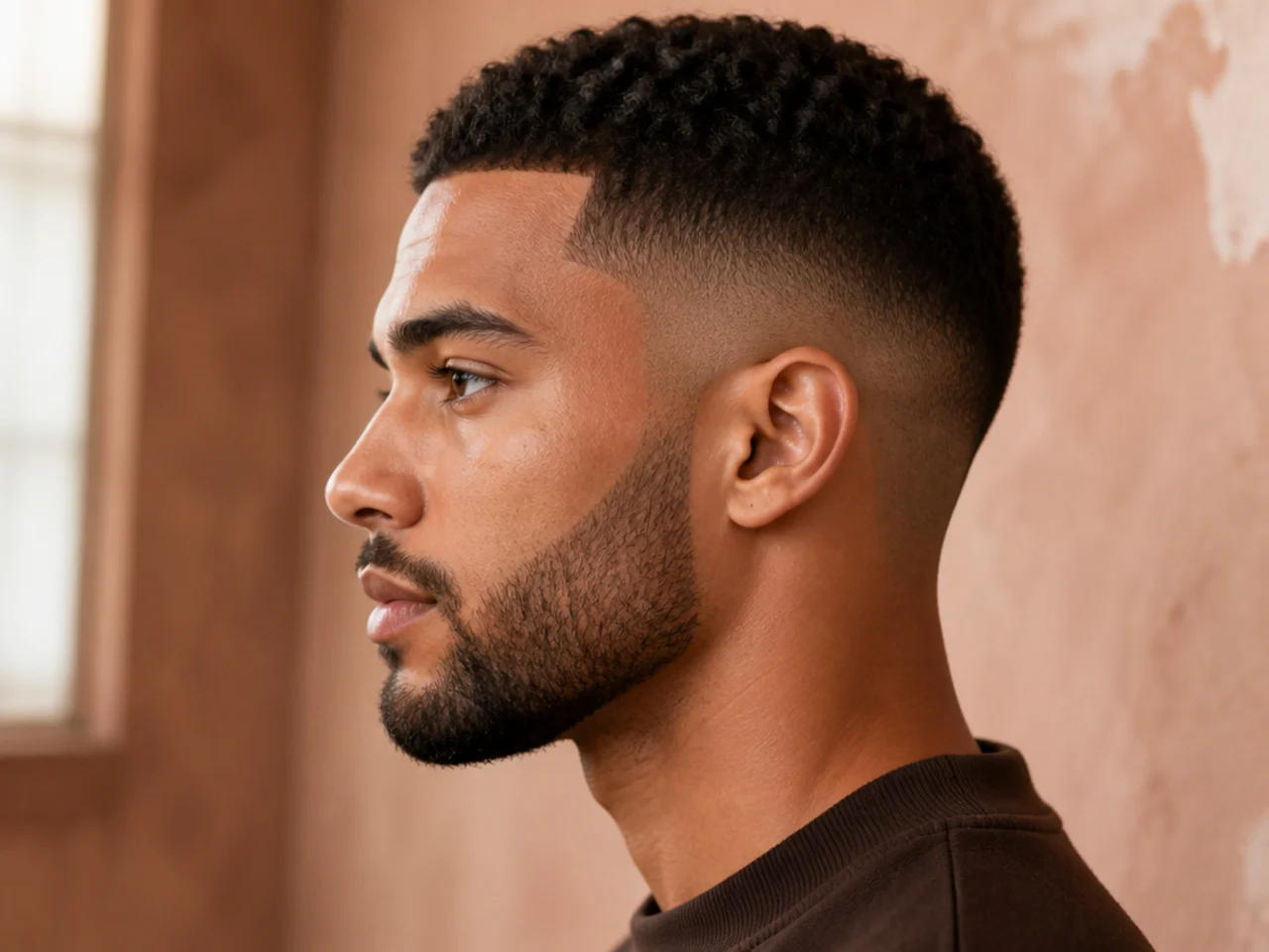 A low fade with a short boxed beard