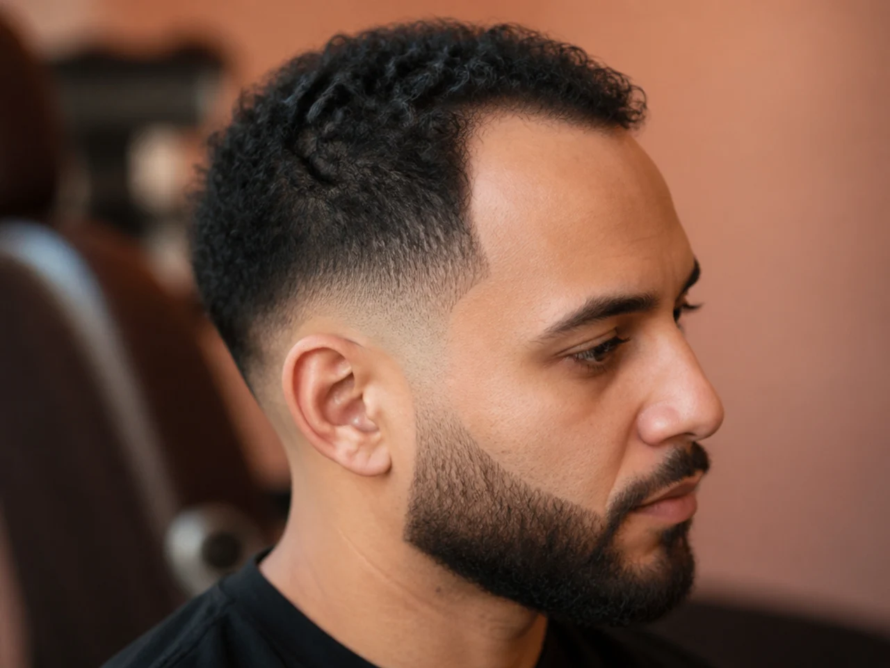 A low fade on a receding hairline with a beard
