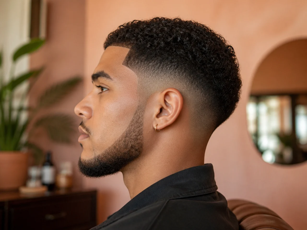 A low fade with a chin strap beard